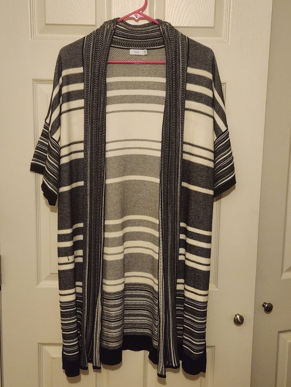 Vince Black and White Striped Open-Front Knit Cardigan